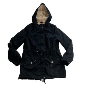 H&M Divided Womens Black Faux Shearling Lined Parka Jacket Hooded Size 4
